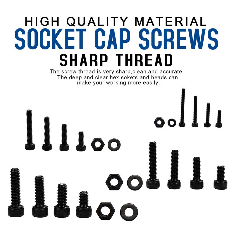 NINDEJIN M2 M3 M4 M5 Hex Socket Head Cap Screw Bolts Nuts and Washer Assortment Kit, 1060PCS Black Machine Screws Set, 12.9 Carbon Steel Small Metric Screws with 4PCS Allen Wrenches - Image 4
